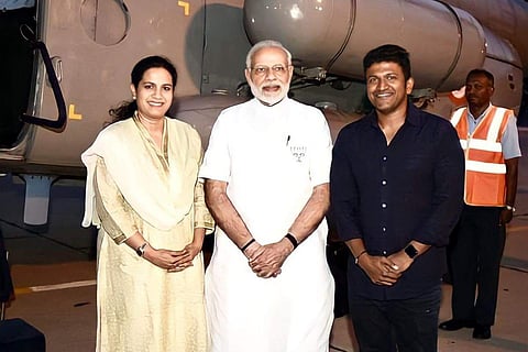 Prime Minister of India, Narendra Modi with Puneeth Rajkumar and Ashwini Puneeth Rajkumar