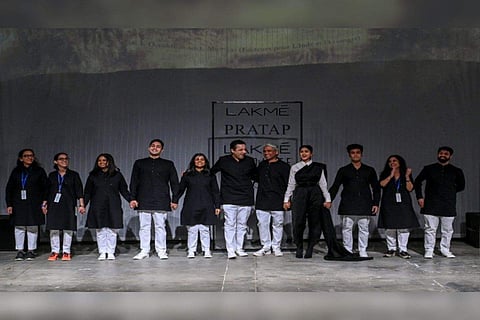 The outfits in the collection included designs like exaggerated shoulders with cropped boleros, cocoon jackets, structured jumpsuits and saree drape dresses