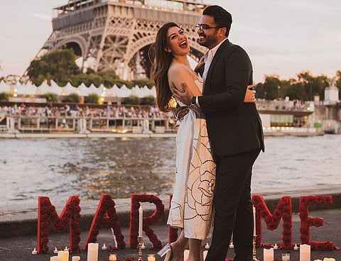 Hansika Motwani with her now-fiancé Sohail Kathuria near the Eiffel Tower in Paris