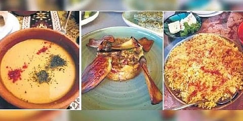 (From left) Lentil soup, Mangal salad, pilaf