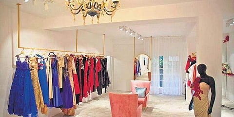 Sonaakshi Raaj's store which houses a luxurious collection of gowns, bridal wear, ornate jackets, blouses, glittering party pants.