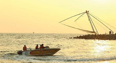 Adventure tourists on a speedboat off Munambam beach in Kochi. Water sports have resumed in the city after the pandemic-induced lull | Arun Angela