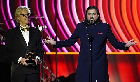 Ricky Kej with Stewart Copeland during his acceptance speech