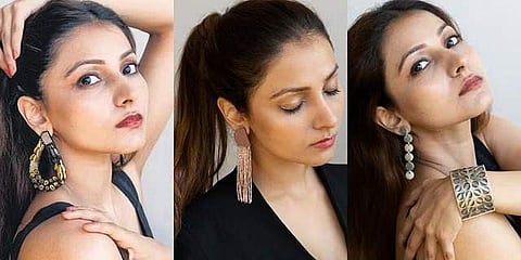 A model wearing Noupelle’s hand-embroidered accessories