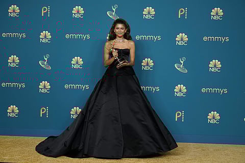 Zendaya in an all-black, strapless Valentino gown at the Emmy Awards 2022