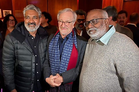 SS Rajamouli, MM Keeravani and Steven Spielberg at a party in the US