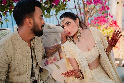 Athiya's mehendi outfit was handwoven and covered in more than 39,000 Swarovski crystals