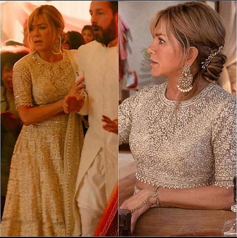 Jennifer Aniston wearing Manish Malhotra ivory chikankari lehenga in her upcoming film Murder Mystery 2