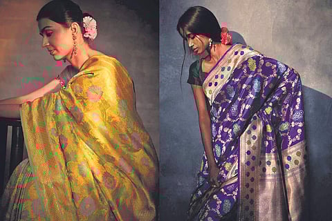 (L) Chrysanthemum yellow sari from Gyaser; (R) Gulabbari purple sari from Classics