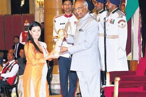 Nouf Almarwaai receiving India’s fourth-highest civilian award, the Padma Shri in 2018.