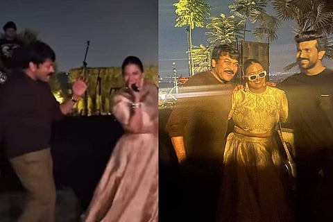 Raja Kumari with Chiranjeevi and Ram Charan