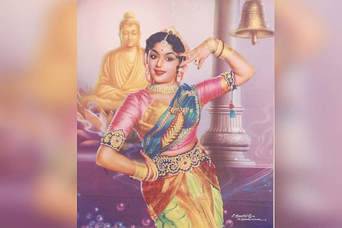 Movie star Padmini dancing before a statue of Buddha — M Ramalingam (1960)