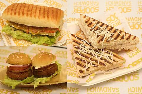 Pesto Paneer Panino (top) , Masala Bhaji Mini Buns (bottom), Happy Ham and Cheese (Right)