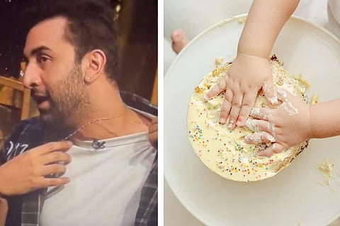 (L-R) Ranbir Kapoor, Raha with her birthday cake