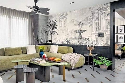 bedroom with textured wood panelling