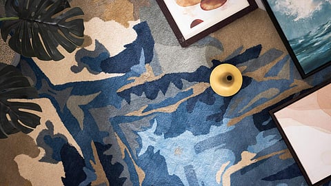 In frame: Majestic mirror hand tufted woollen and cotton rug by Shripal Munshi