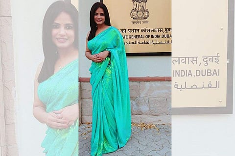 Nitu Chandra Srivastava in front of the Consulate of India in Dubai