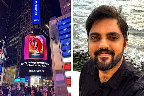 (R-L) Artist Ajay Purushothaman and his artwork on a Times Square billboard