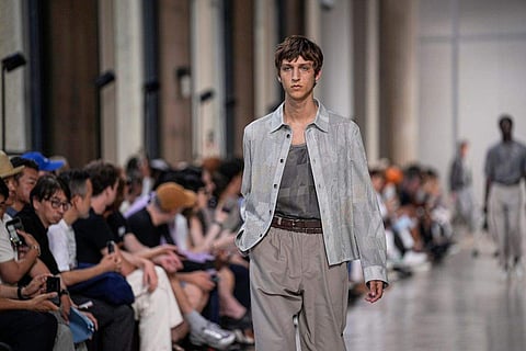 A model wears a creation for the Hermes Menswear Spring/Summer 2024 fashion collection