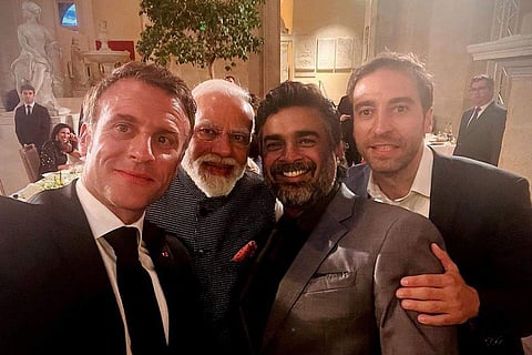 R Madhavan with Emmanuel Macron and Narendra Modi