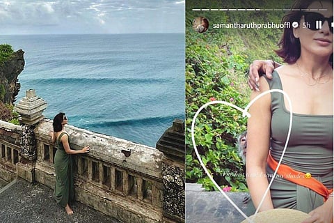 Samantha opted for a sleeveless green bodycon maxi dress with front pleats, sunglasses, and a straw hat for her drive to Uluwatu
