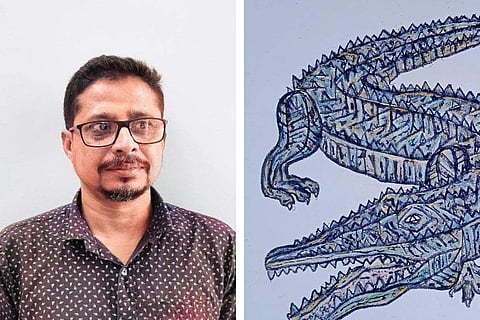 (L-R) Tridib Bera, one of his illustrations at his exhibition