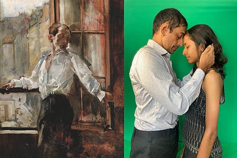 (L) Rolla by Henri Gervex; (R) V Balakrishnan and Aparna Kumar in the play Rolla