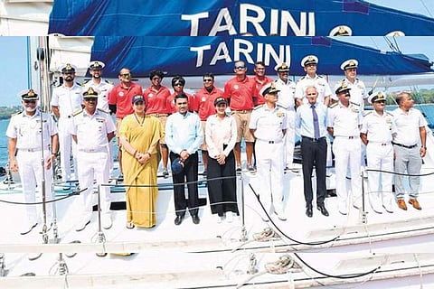 The six-member crew of INSV Tarini (in red) alongside Navy officers, Minister Smirit Irani, Goa CM Dr Pramod Sawant, and Rani Rampal, former captain of the Indian women’s hockey team