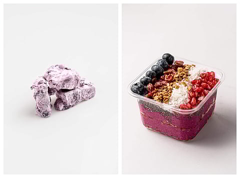 Blueberry Greek yoghurt (left) and Vegans dragon smoothie bowl (right)