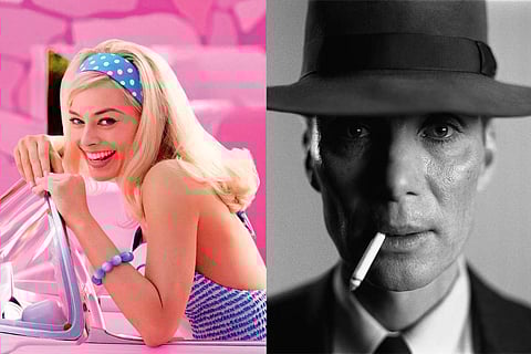 Still from Barbie (L), Oppenheimer (R)