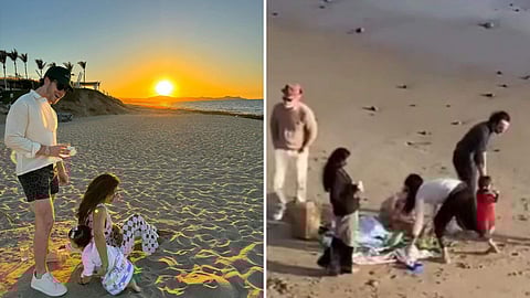In frame: Earlier beach visit by the family (left) | Maltie Marie's beach bash (right)