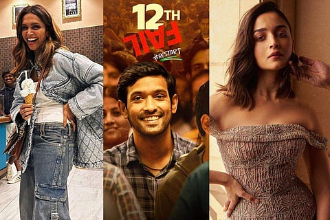 In frame: Deepika Padukone (L), Vikrant Massey in 12th Fail poster (C), Alia Bhatt (R)