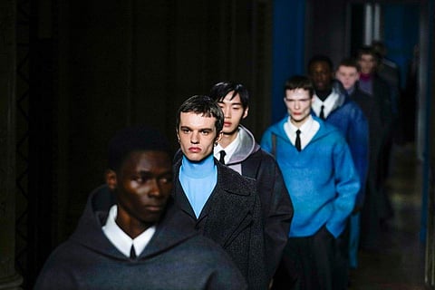 In frame: Models wears a creation for Valentino as part of the Menswear ready-to-wear Fall-Winter 2024-2025