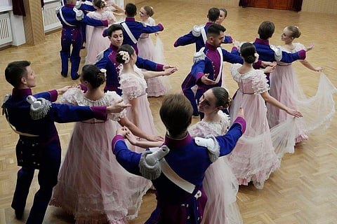 In frame: Dancers of the WARSZAWIANKA ensemble of the University of Warsaw dance Poland's national polonaise