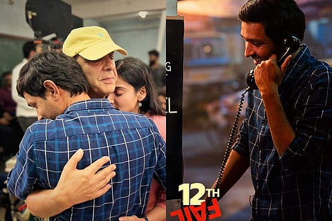 In frame: Vidhu Vinod Chopra with Vikrant Massey and Medha Shankar (L), 12th Fail poster (R)