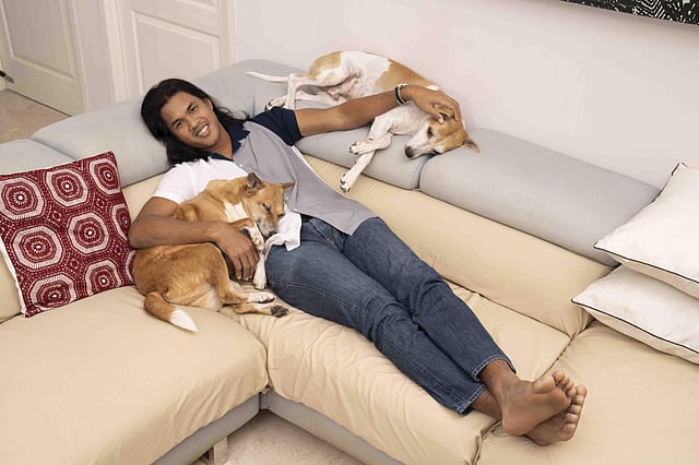 <em>Chilling with furry family members Bullet & Raja</em>