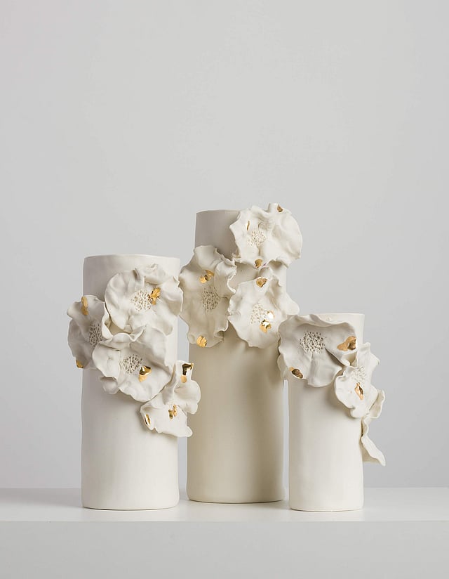 <em>Giverny Gold M series vases by Atelier Le Motif at Dialogues by Nirmals</em>