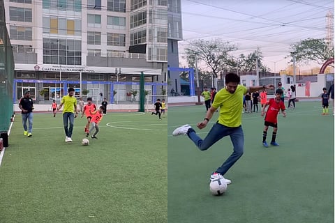 Kartik Aaryan plays football with school kids during shooting break