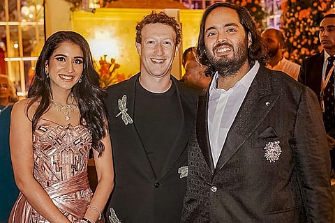 (L-R) Radhika Merchant, Mark Zuckerberg, Anant Ambani at the pre-wedding bash