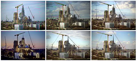This combination photo shows, from top left, clockwise, the scaffolding around the Notre Dame de Paris cathedral spire being removed from Jan. 24, 2024 to March 6, 2024