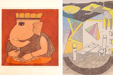 Artworks from the exhibition by Badrinarayanan (left) and MF Husain (right)