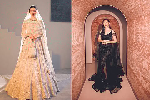 Mahira Khan wearing outfit from Sawan Gandhi’s Monochromatic Magic