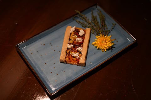 In frame: Zucchini, tomato and Vegan Camembert Galette