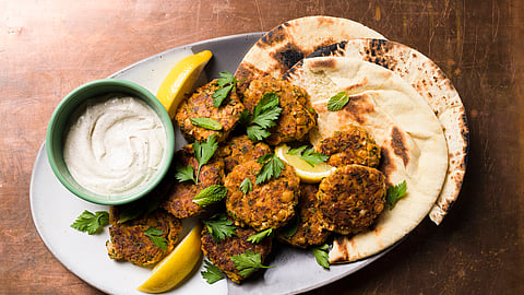 In frame: Chickpea and feta kefte kebabs