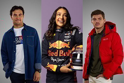 Sergio Perez, Hamda Al Qubaisi, and Max Verstappen in Red Bull Racing x Pepe Jeans collection