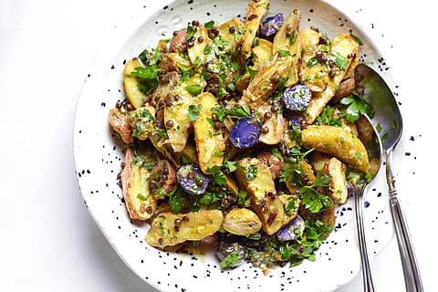 In frame: Potato, Leek and Lentil Salad with Citrus and Herbs