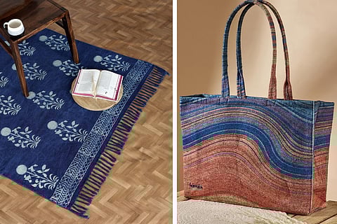 Blue Booti Cotton Blend Hand Block Printed Dhurrie, and Shunya Tote, from Fabindia