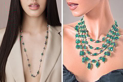 Shruti Sushma x Gemfields Sugarloaf Long Emerald Chain and Emerald Hexagon Necklace