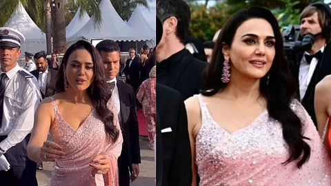 Preity Zinta stuns in a pink Seema Gujral sari at Cannes Film Festival 2024