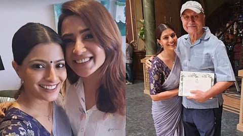 In frame: Varalaxmi with Samantha (L);   Varalaxmi  with Anupam (R)